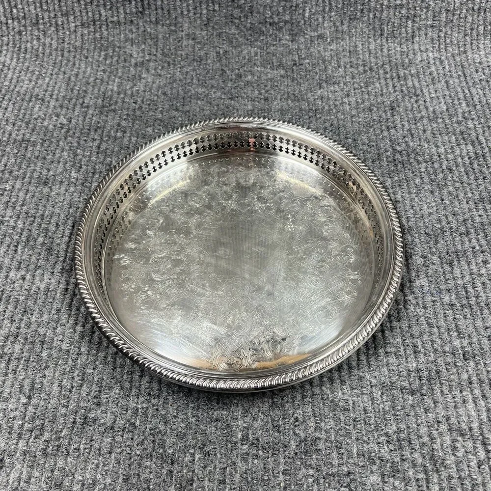 VTG Newport Silverplate YB165‎ Round 10” Serving Tray Floral Etched Pierced Edge